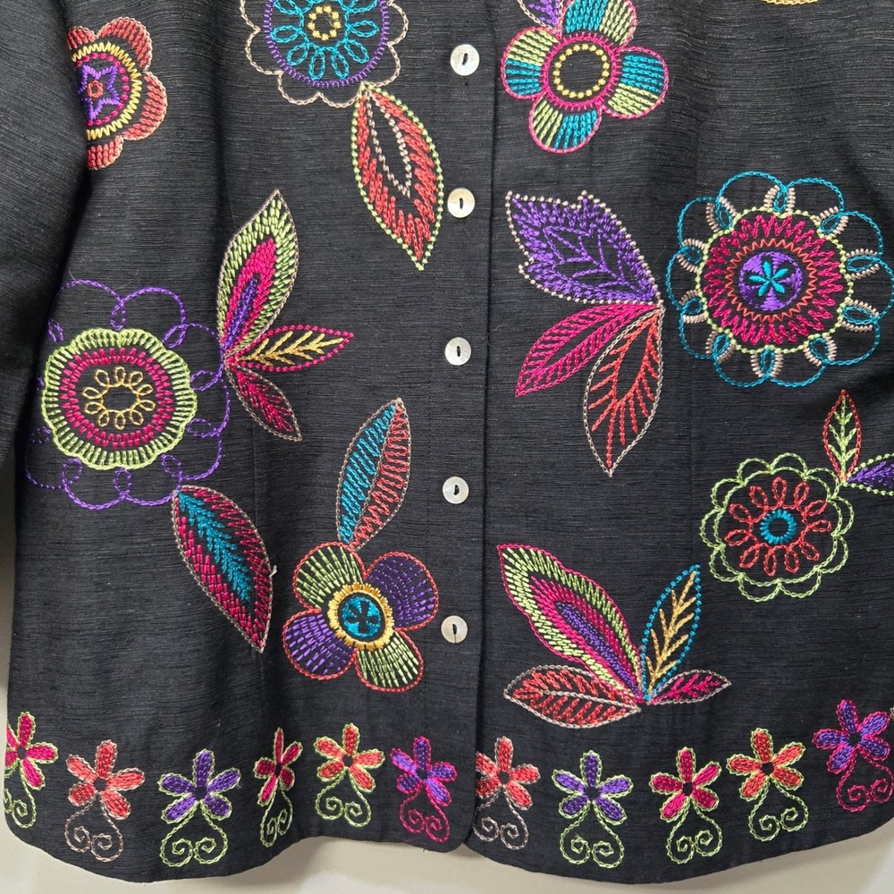 Vintage Y2K Floral Embroidered Shirt Top Large Black Silk Blend Boho Art To Wear - Picture 5 of 10